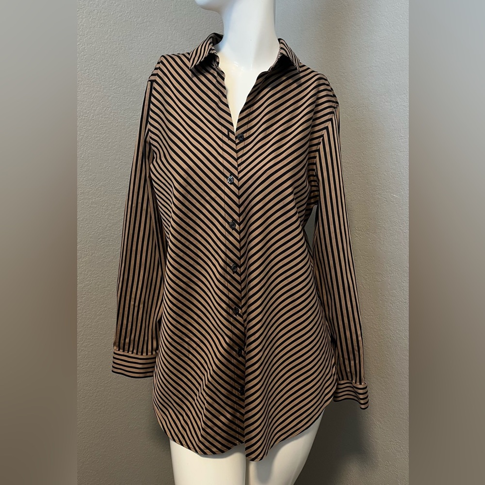 Women’s Chico's NO - IRON Imperial Black & Tan Striped BD LS Tunic Shirt